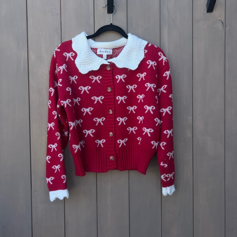 Heyday Red Bow-Pattern Collared Cardigan Sweater - NWT - Size Small